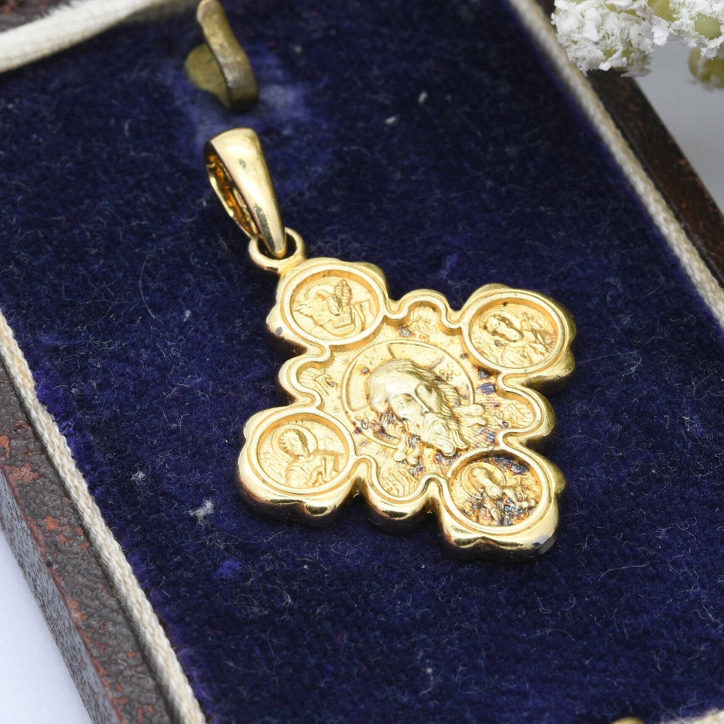 Vintage Christian Pendant Square Cross with Jesus Mary Saints