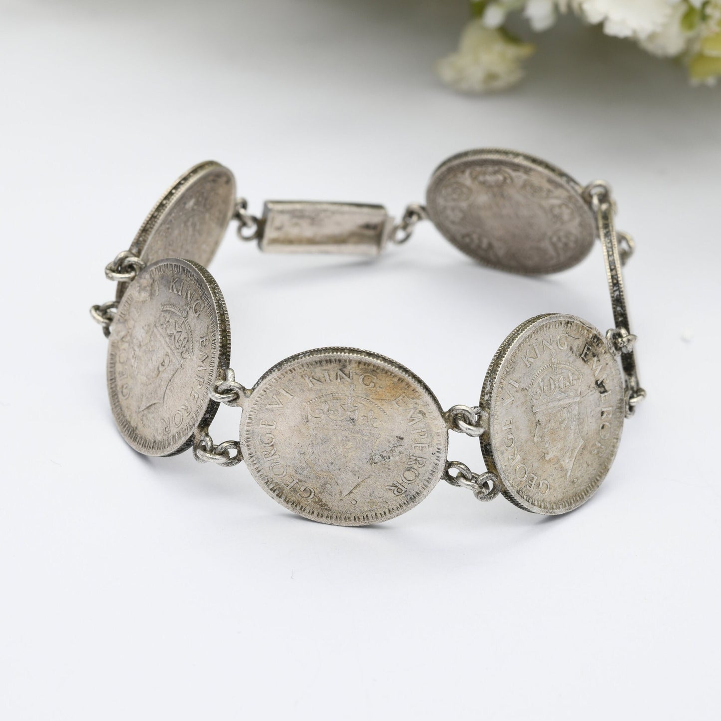 Vintage Silver India 1/4 Rupee Coin Bracelet 1943 - George VI King Emperor | British India