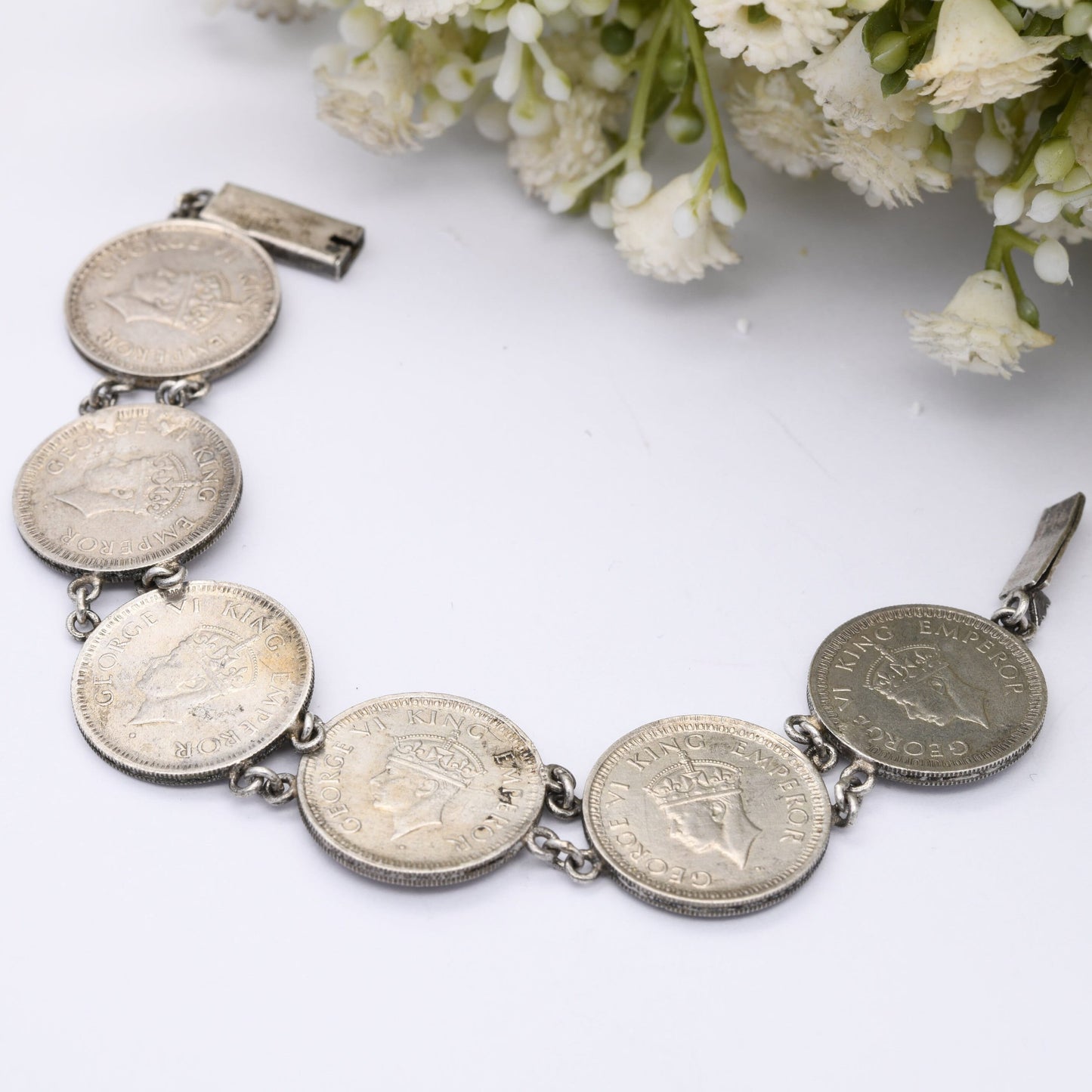 Vintage Silver India 1/4 Rupee Coin Bracelet 1943 - George VI King Emperor | British India