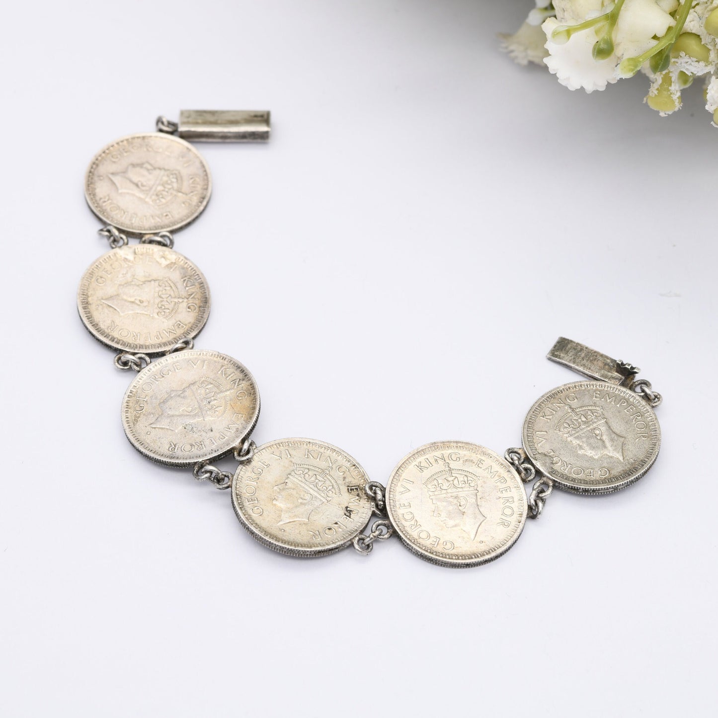 Vintage Silver India 1/4 Rupee Coin Bracelet 1943 - George VI King Emperor | British India