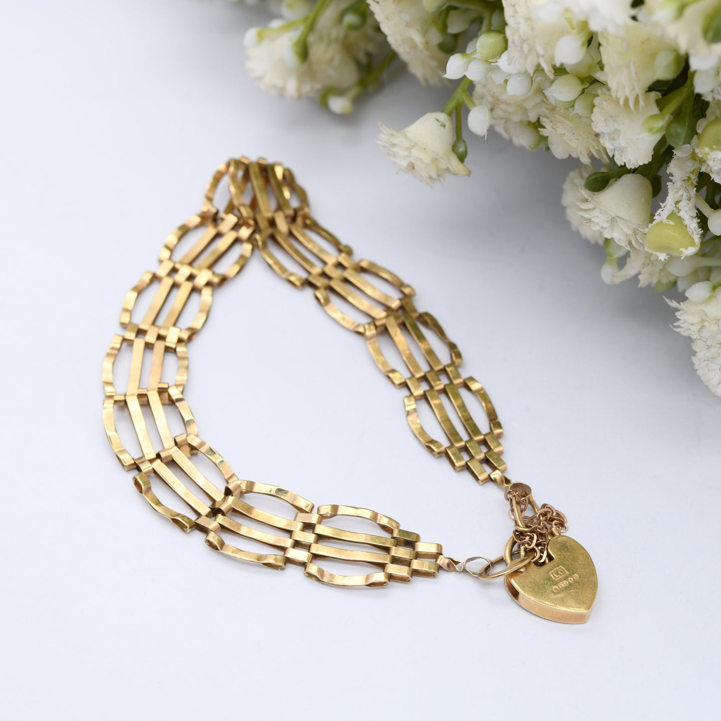 Vintage 9ct Gold Heart Padlock Clasp Gate Link Chain Bracelet with Safety Chain 1982 1983