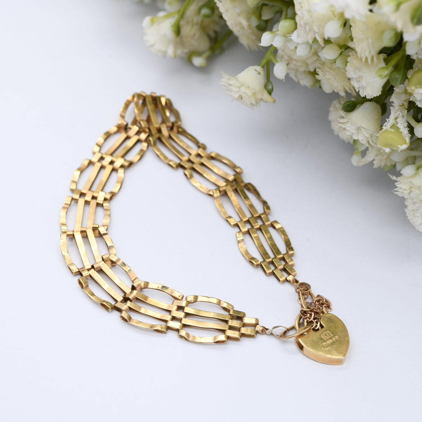 Vintage 9ct Gold Heart Padlock Clasp Gate Link Chain Bracelet with Safety Chain 1982 1983