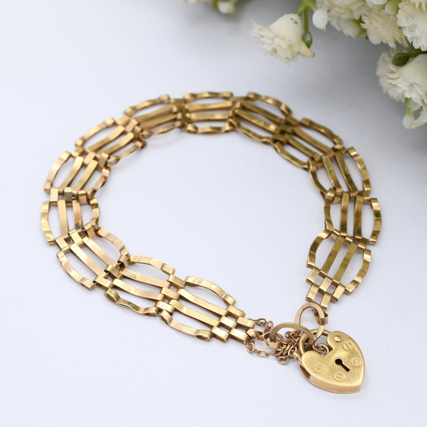 Vintage 9ct Gold Heart Padlock Clasp Gate Link Chain Bracelet with Safety Chain 1982 1983