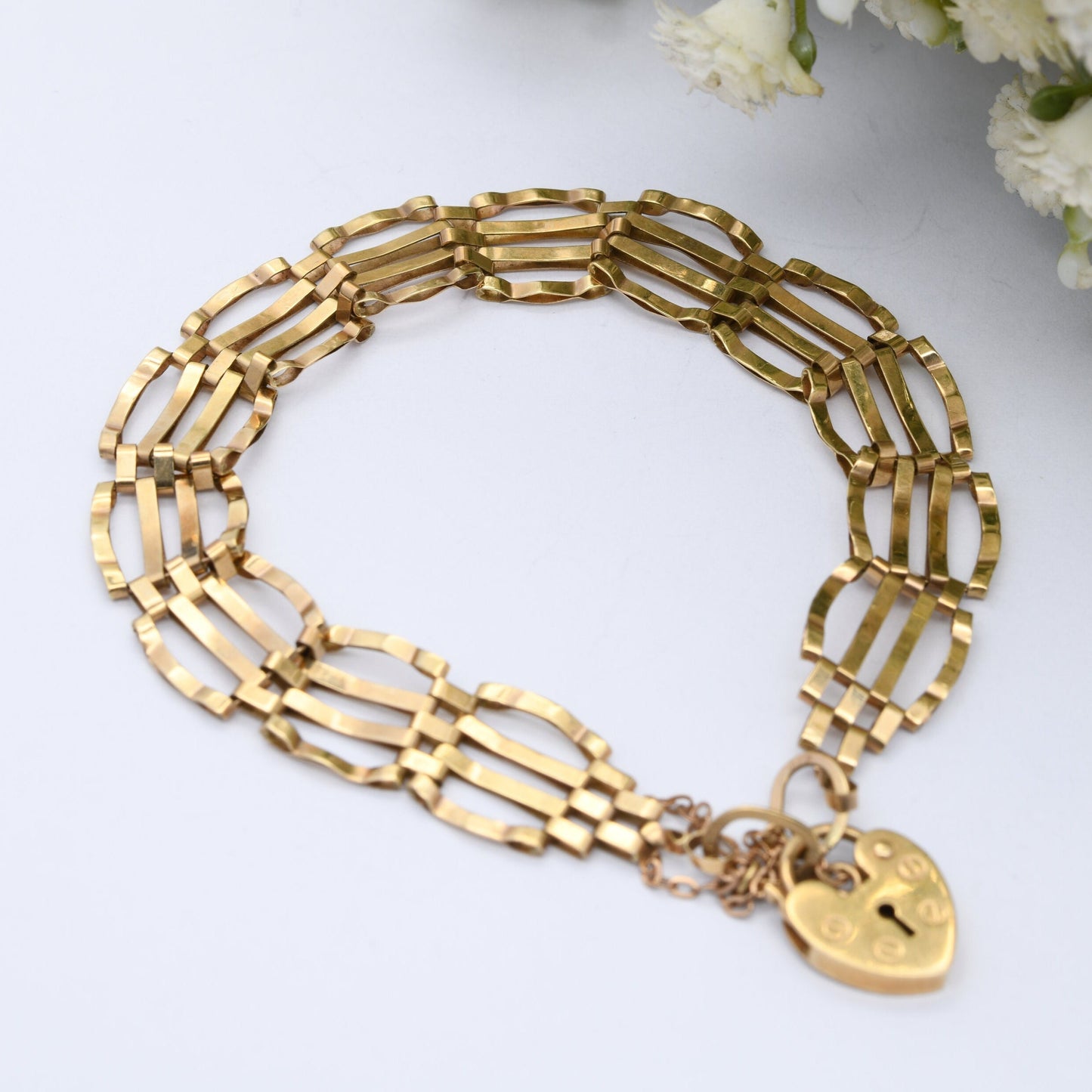 Vintage 9ct Gold Heart Padlock Clasp Gate Link Chain Bracelet with Safety Chain 1982 1983