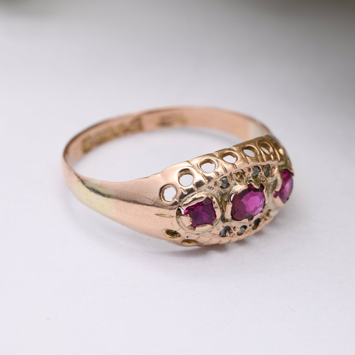 Antique 9ct Gold Ruby Diamond Boat Ring 1912 Chester