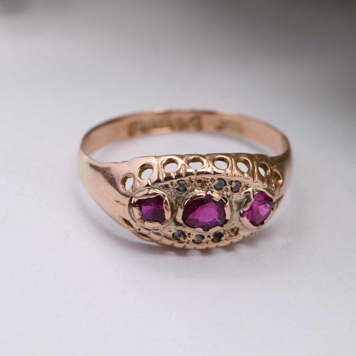 Antique 9ct Gold Ruby Diamond Boat Ring 1912 Chester