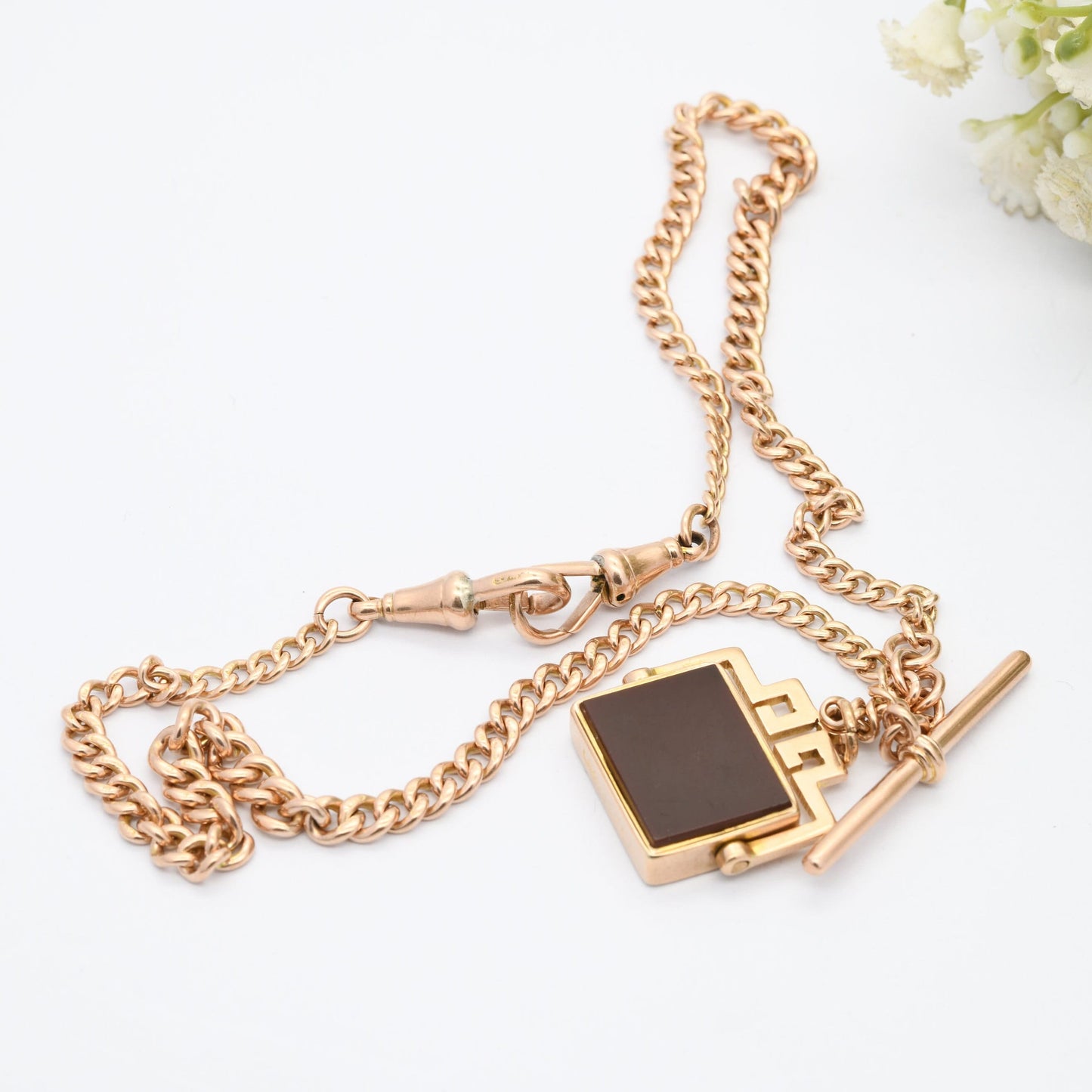 Antique 9ct Gold Necklace Double Albert Watch Chain with Spinning Carnelian Fob