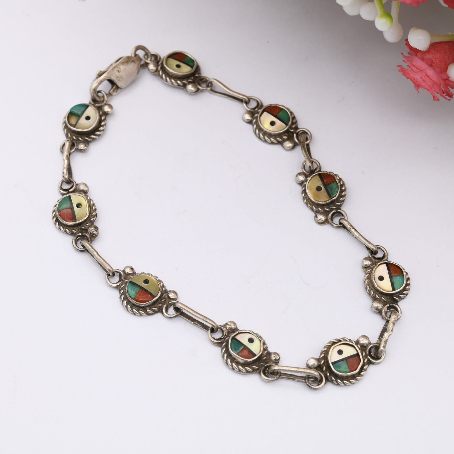 Vintage Zuni Sunface Sterling Silver Panel Bracelet