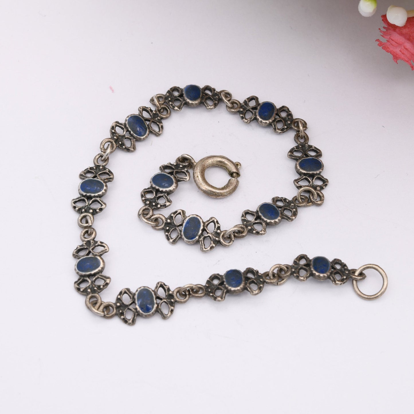 Vintage Silver Blue Enamel Panel Link Bracelet