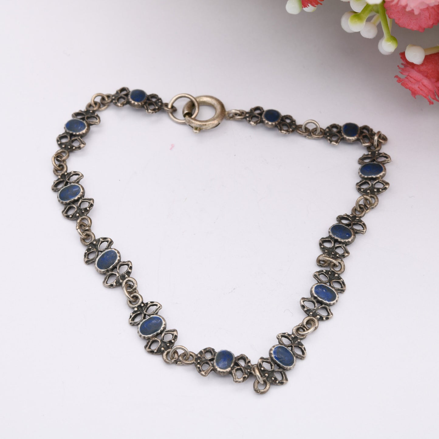 Vintage Silver Blue Enamel Panel Link Bracelet