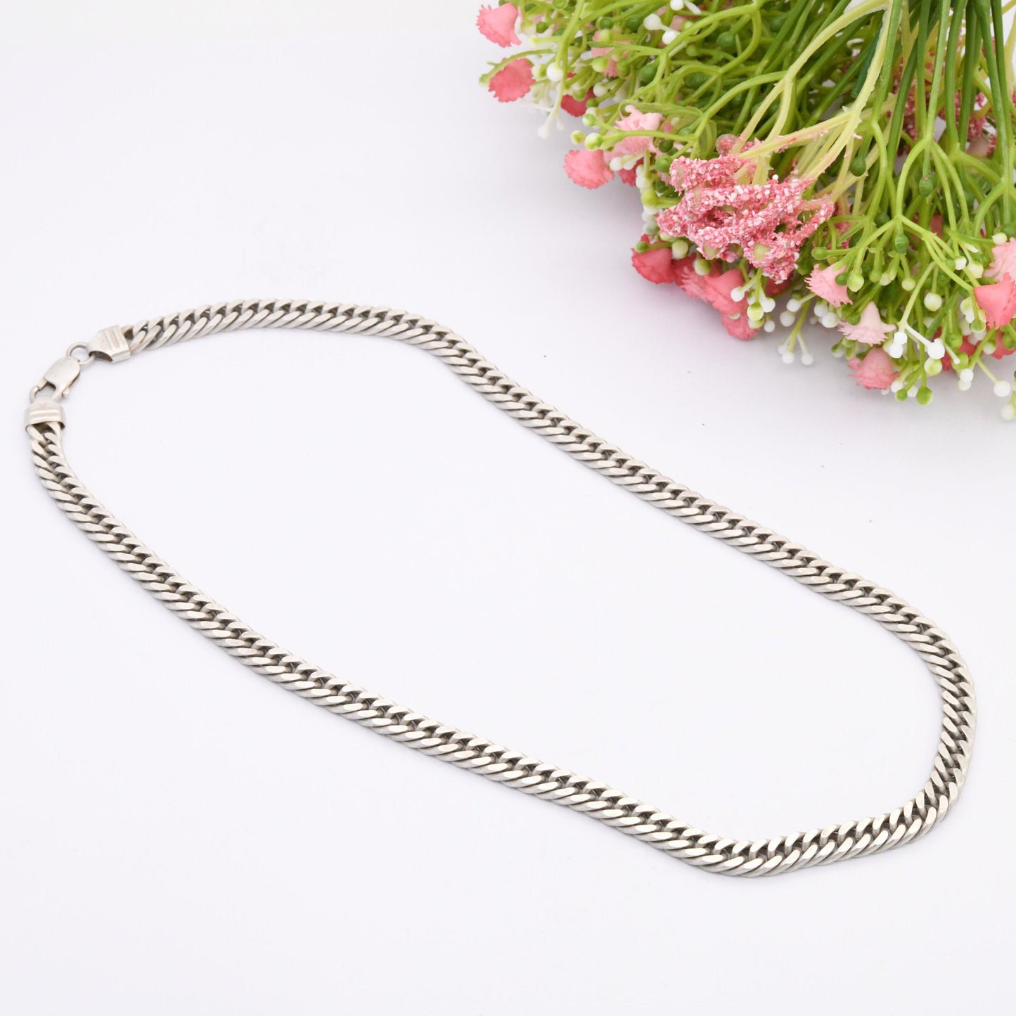 Chunky Sterling Silver Curb Link Chain Necklace - Large Y2K Flat Curb | Heavy Silver Necklace | 20"