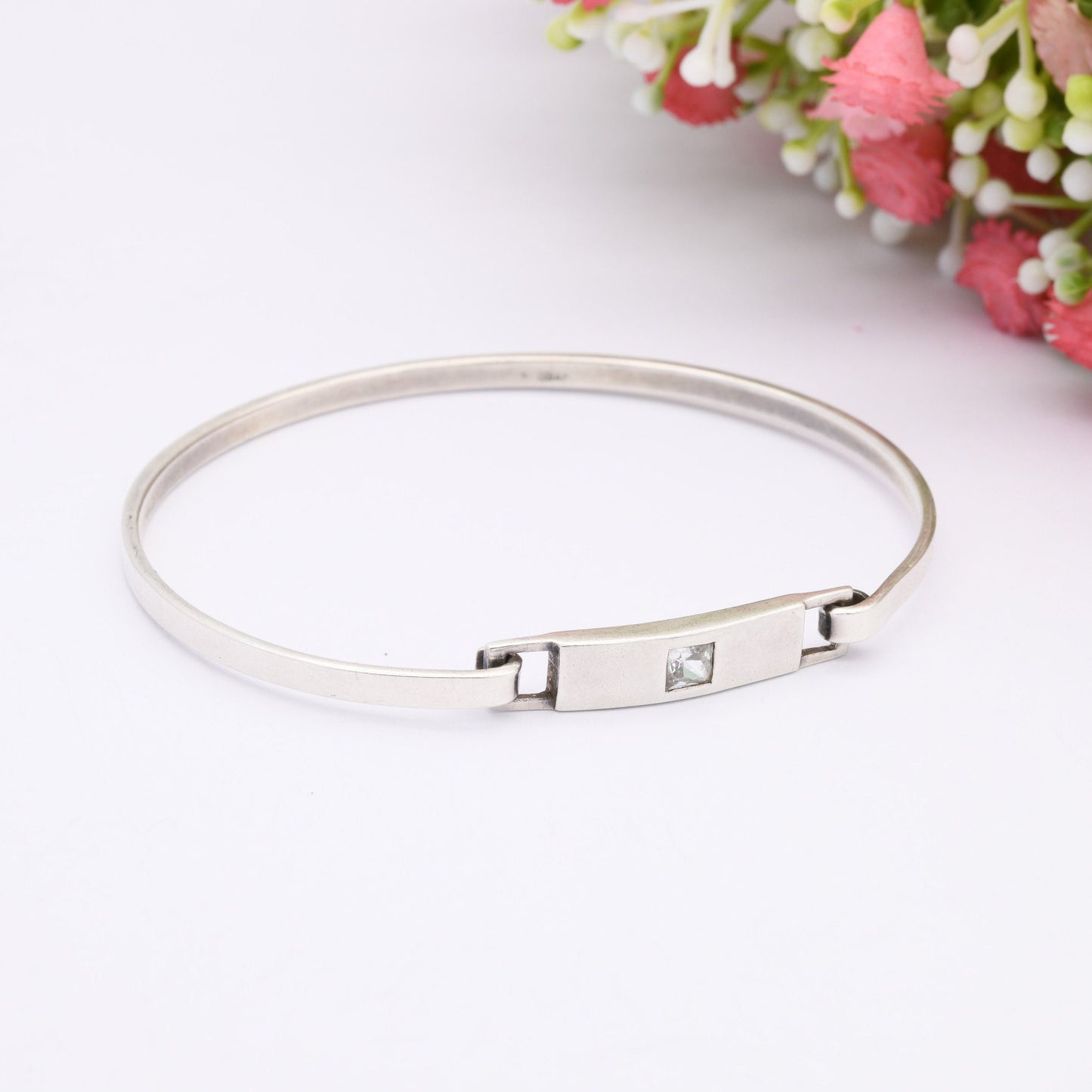 Sterling Silver Opening Bangle Bracelet - with Solitaire CZ