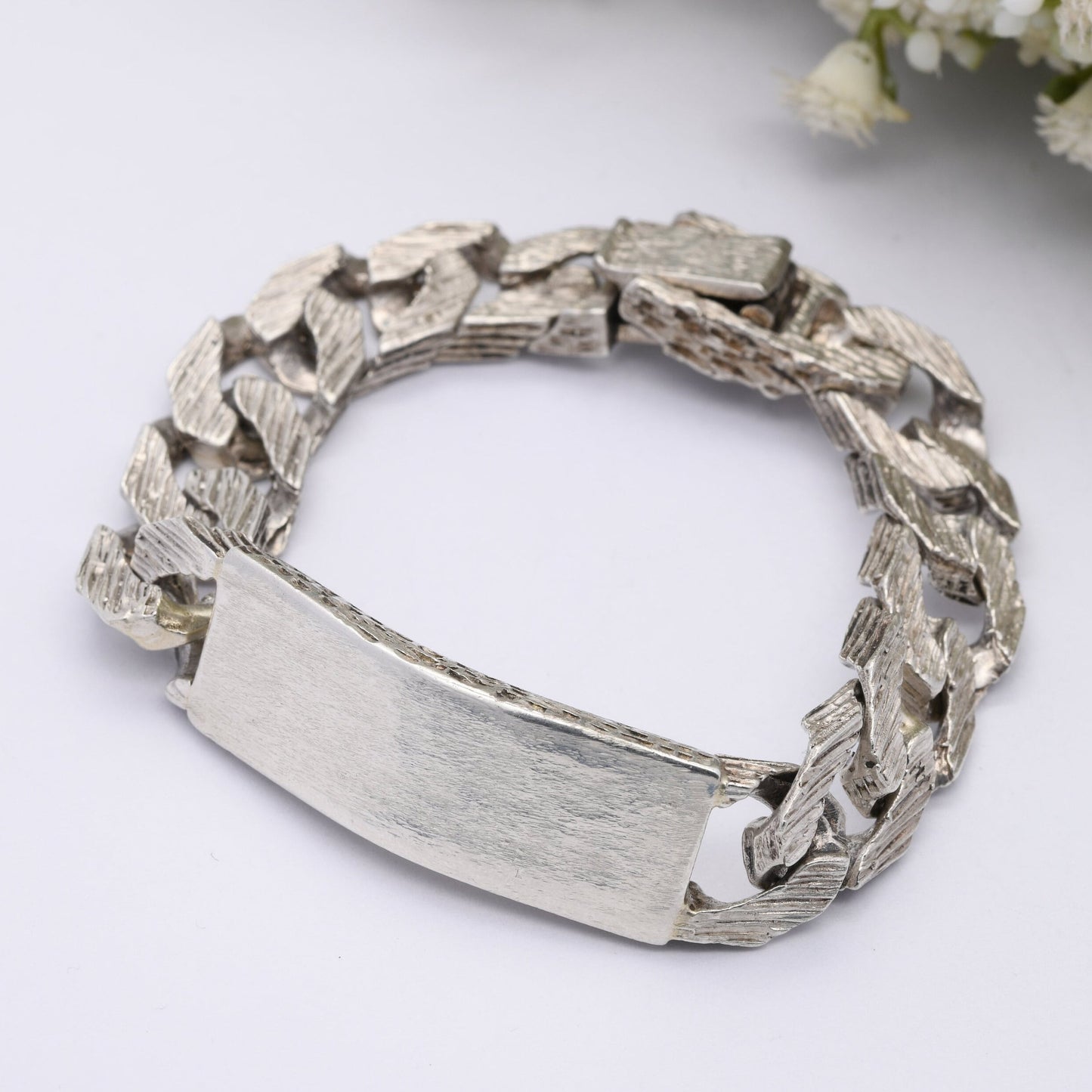 Chunky Sterling Silver Curb Link Chain Identity Bracelet Vintage 1977