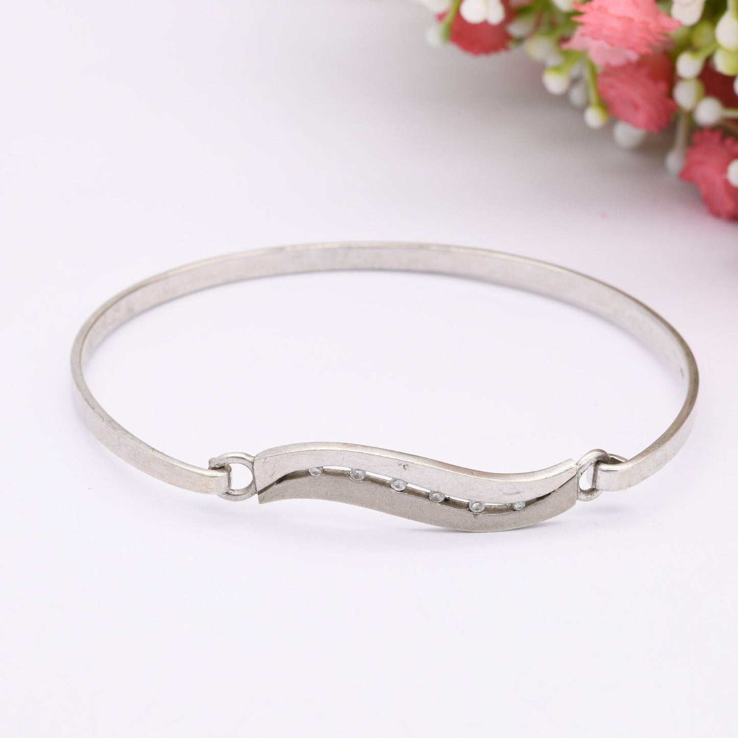 Sterling Silver Opening Bangle Bracelet with Wave Design and CZ Stones