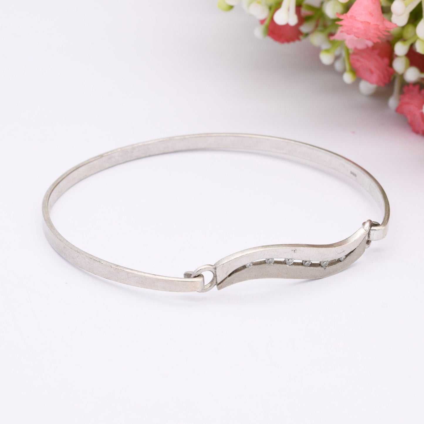 Sterling Silver Opening Bangle Bracelet with Wave Design and CZ Stones