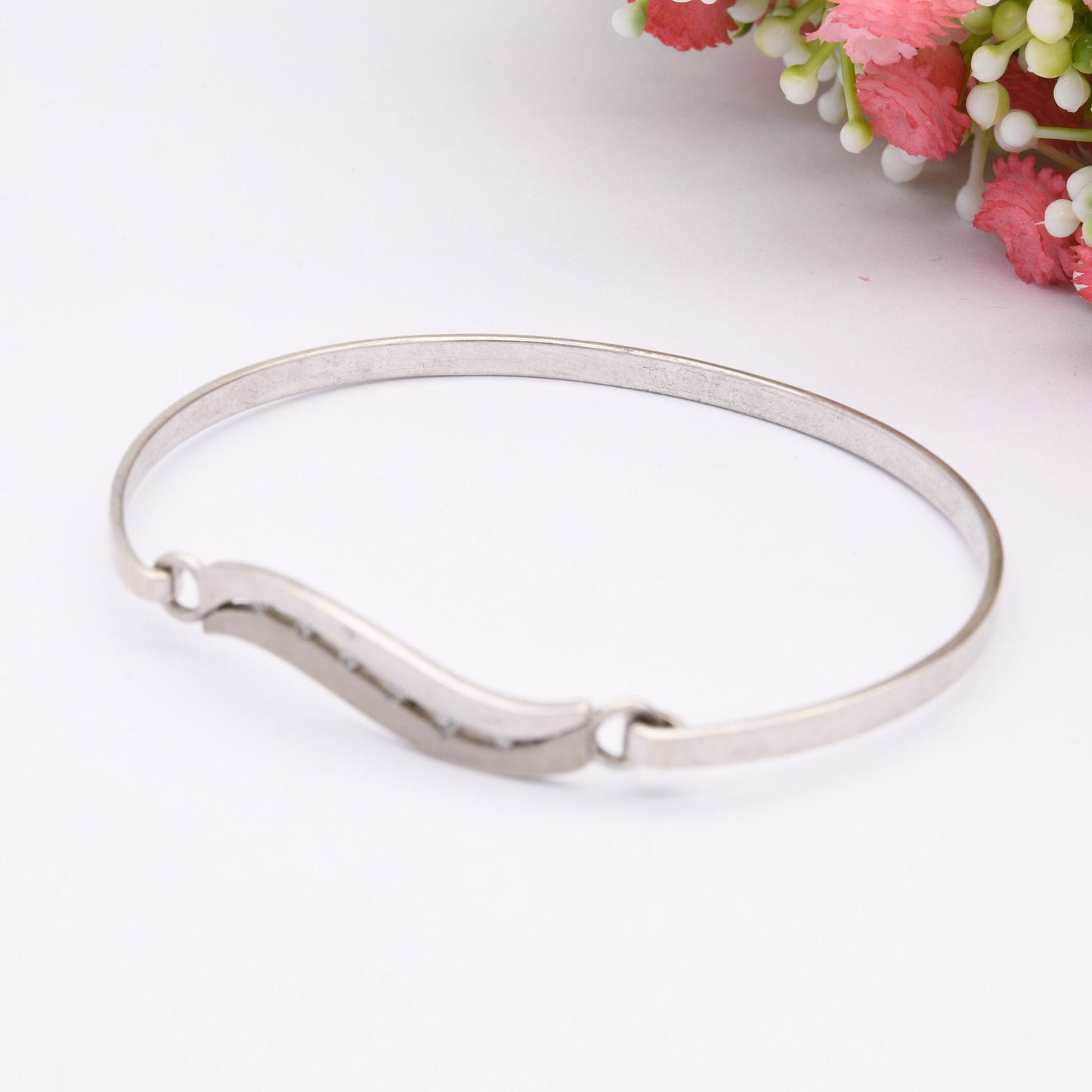 Sterling Silver Opening Bangle Bracelet with Wave Design and CZ Stones