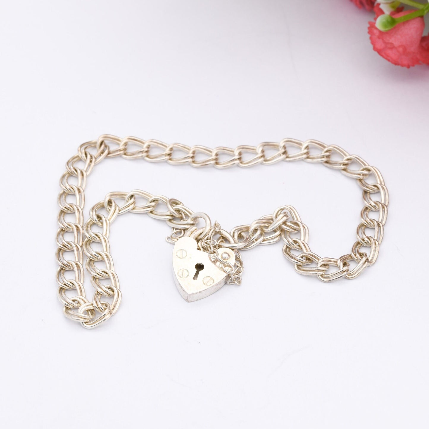 Vintage Sterling Silver Heart Padlock Clasp Chain Bracelet 1989 ASJ - Double Curb Links | with Safety Chain