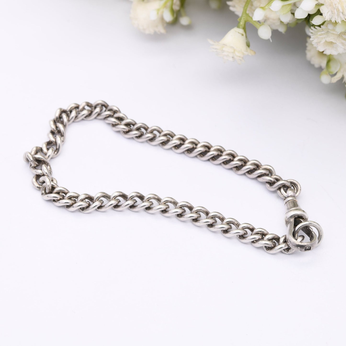 Antique Sterling Silver Curb Link Chain Bracelet with Dog Clip Clasp