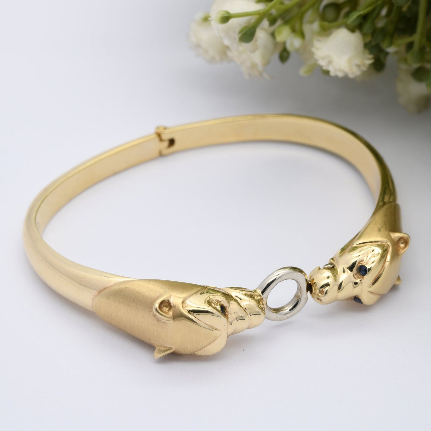 Vintage Panther 14ct Gold Bangle Bracelet with Two Heads Sapphire Eyes