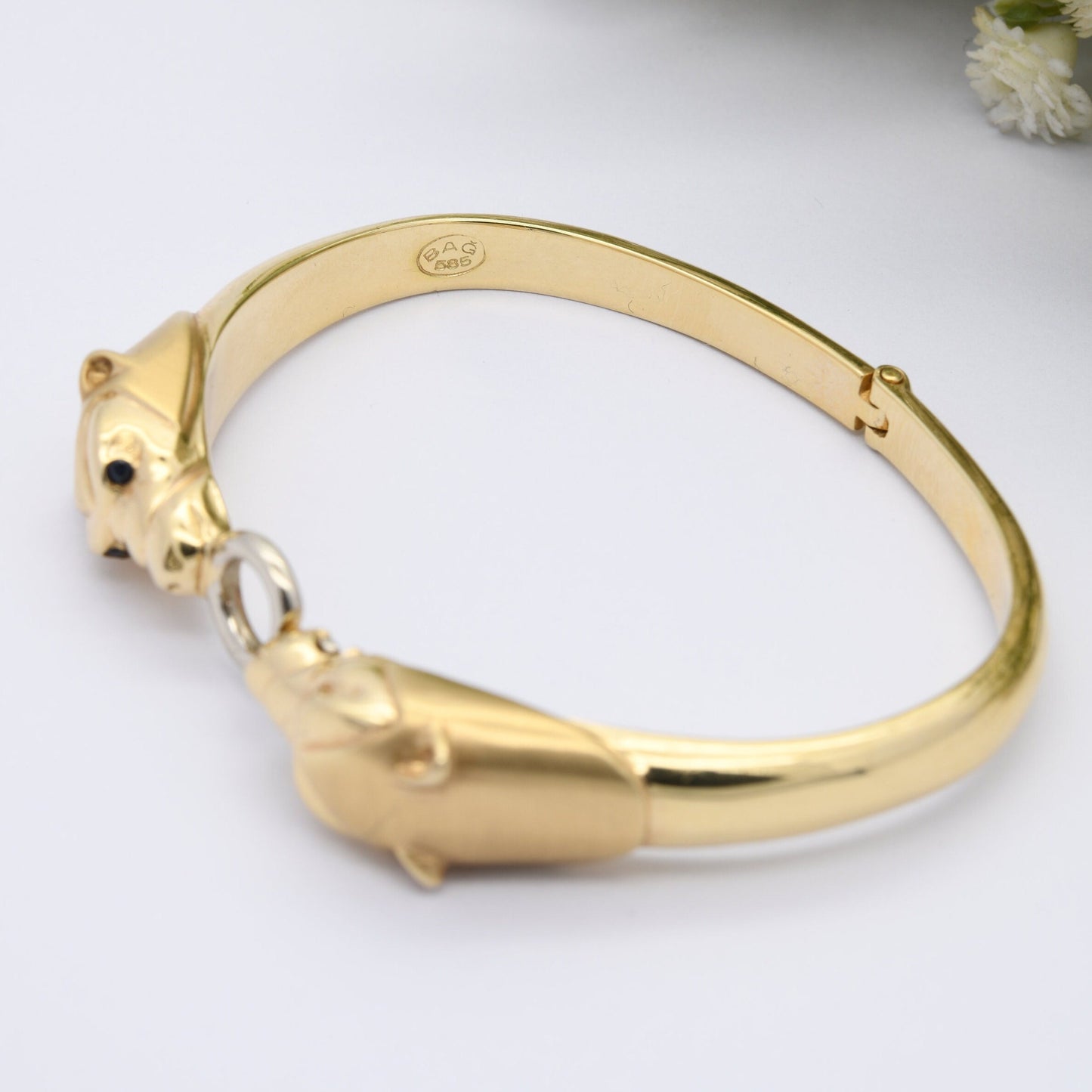 Vintage Panther 14ct Gold Bangle Bracelet with Two Heads Sapphire Eyes