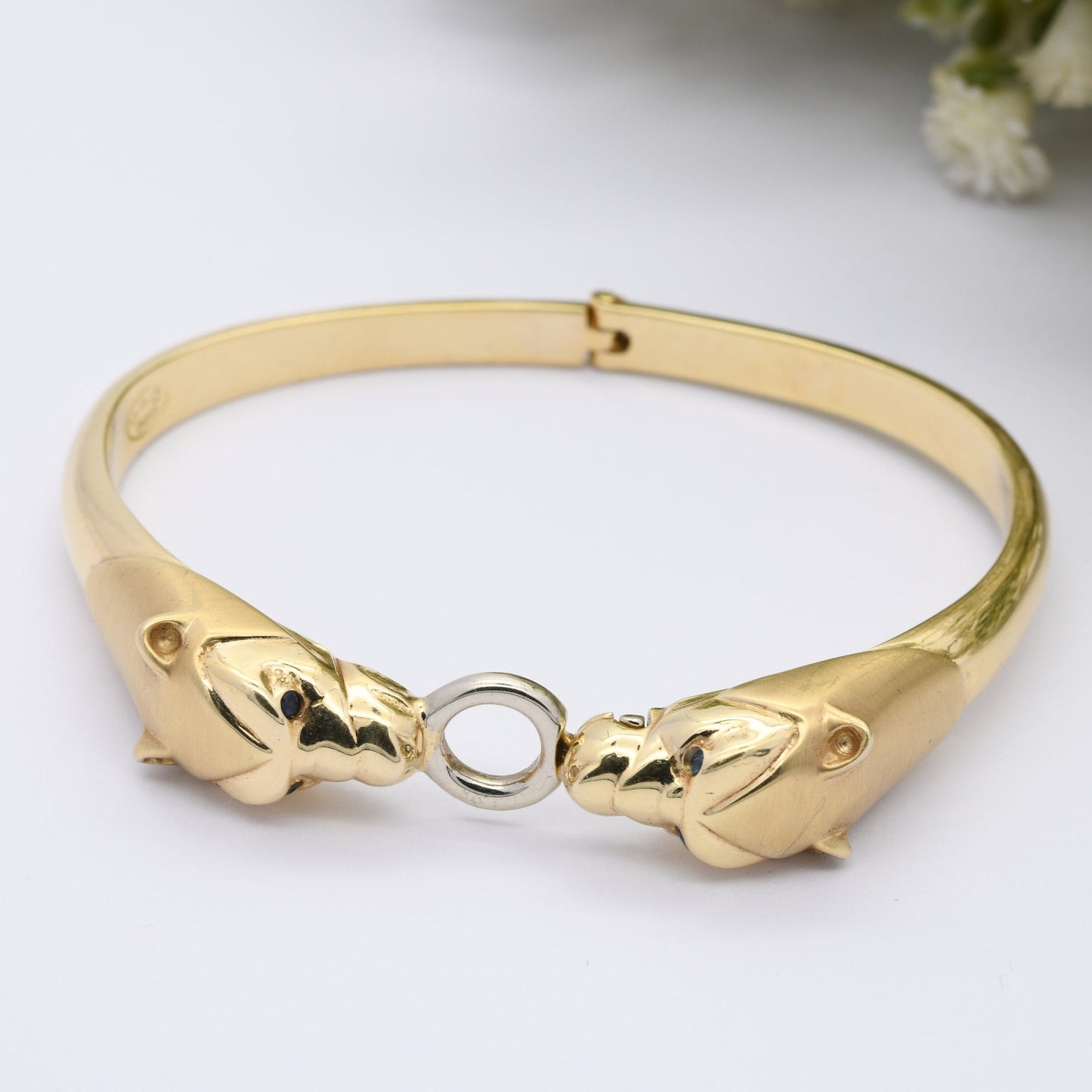 Vintage Panther 14ct Gold Bangle Bracelet with Two Heads Sapphire Eyes