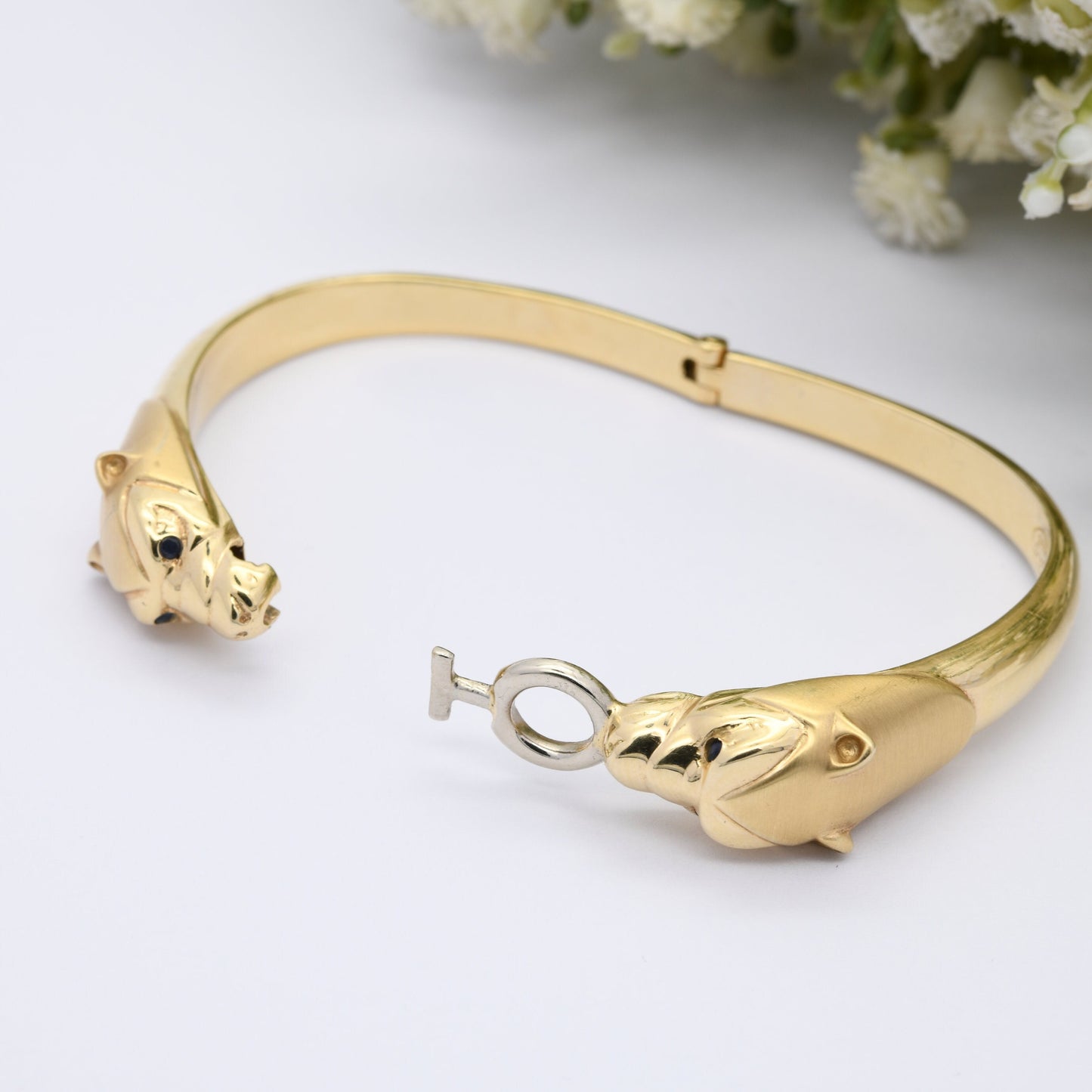 Vintage Panther 14ct Gold Bangle Bracelet with Two Heads Sapphire Eyes