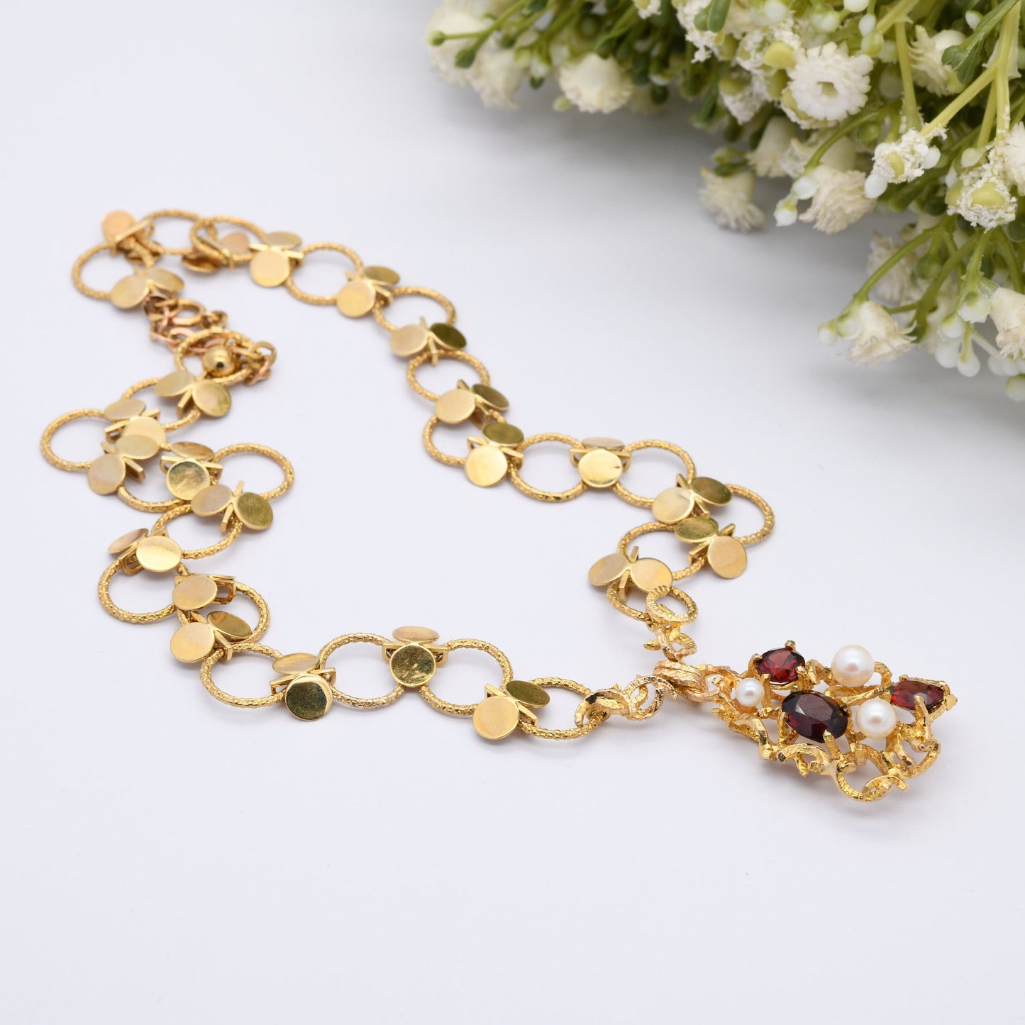 Vintage 9ct Gold Necklace with Pearl and Garnet Gemstone Pendant 1972