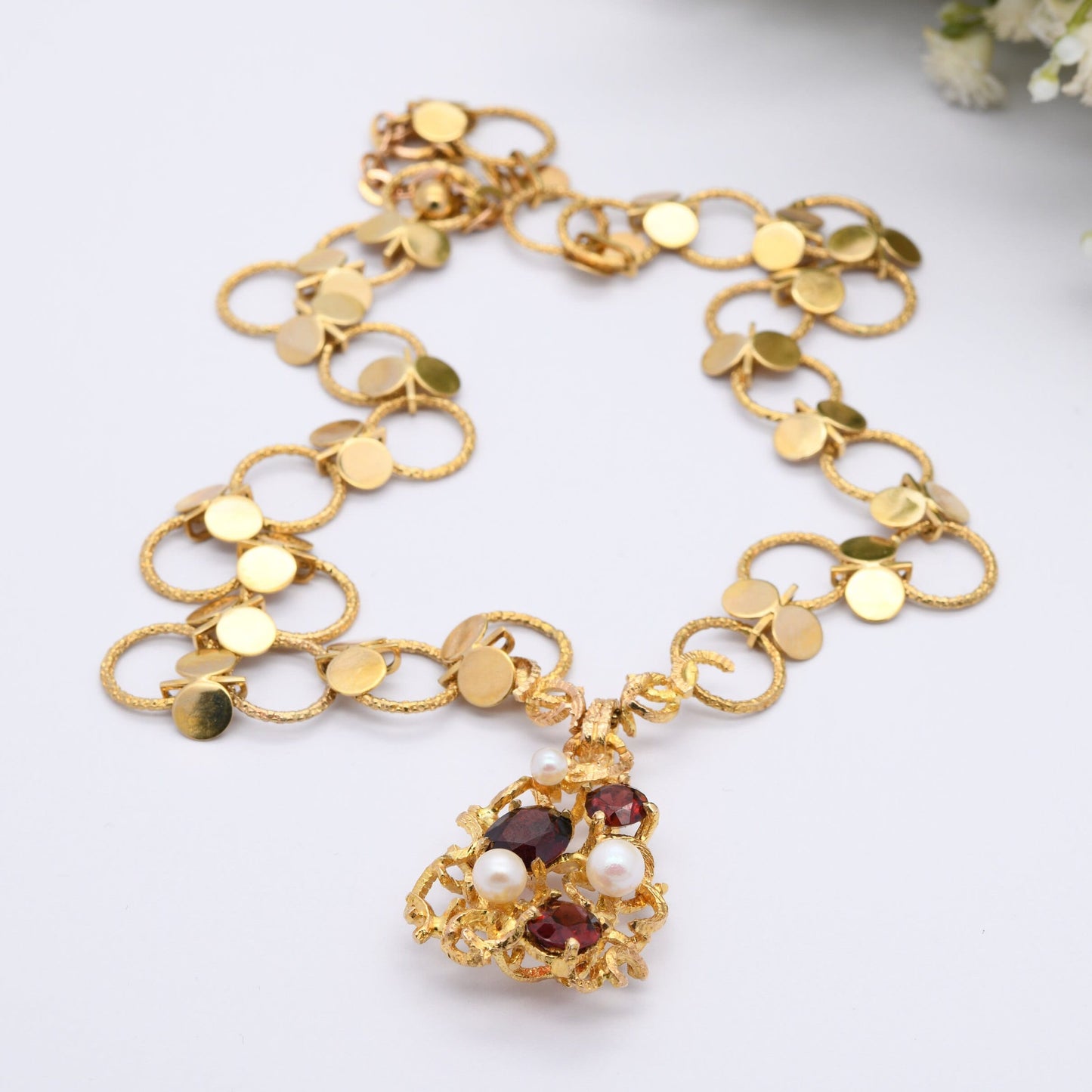 Vintage 9ct Gold Necklace with Pearl and Garnet Gemstone Pendant 1972
