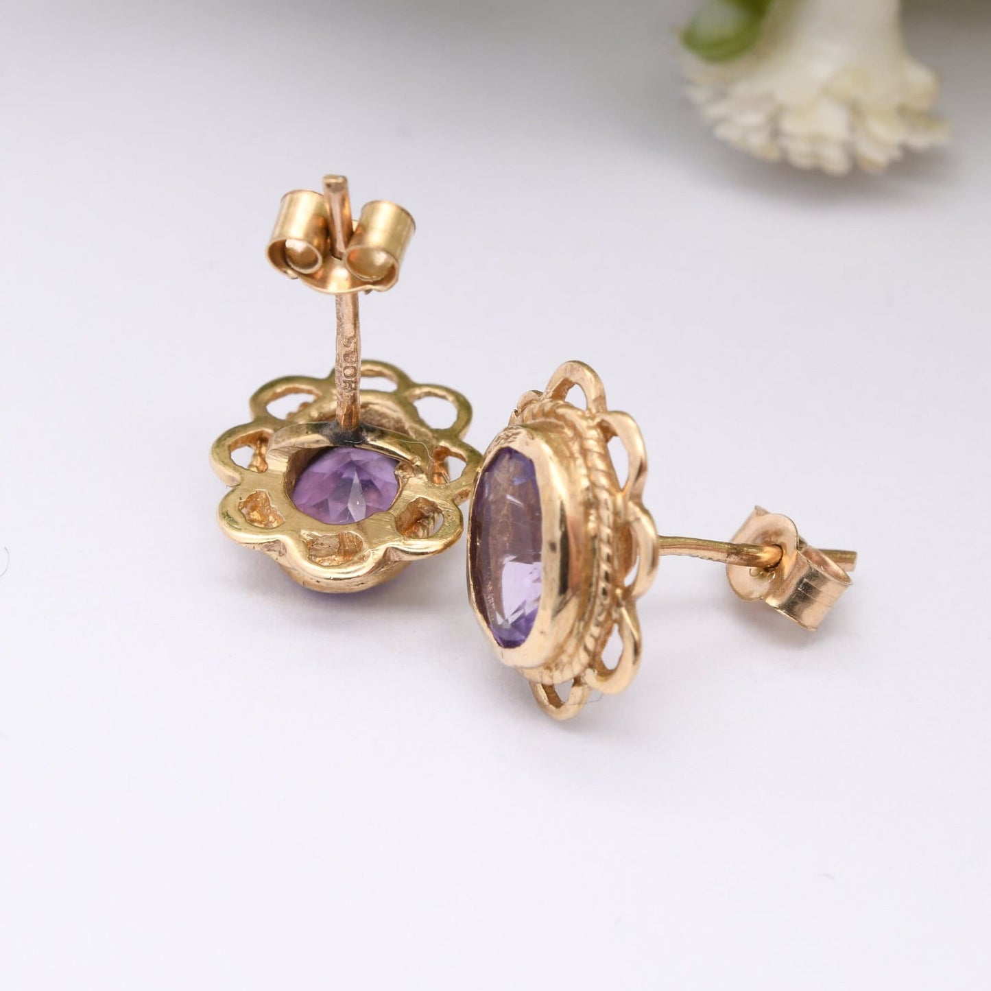 Vintage 9ct Gold Amethyst Stud Earrings 1992