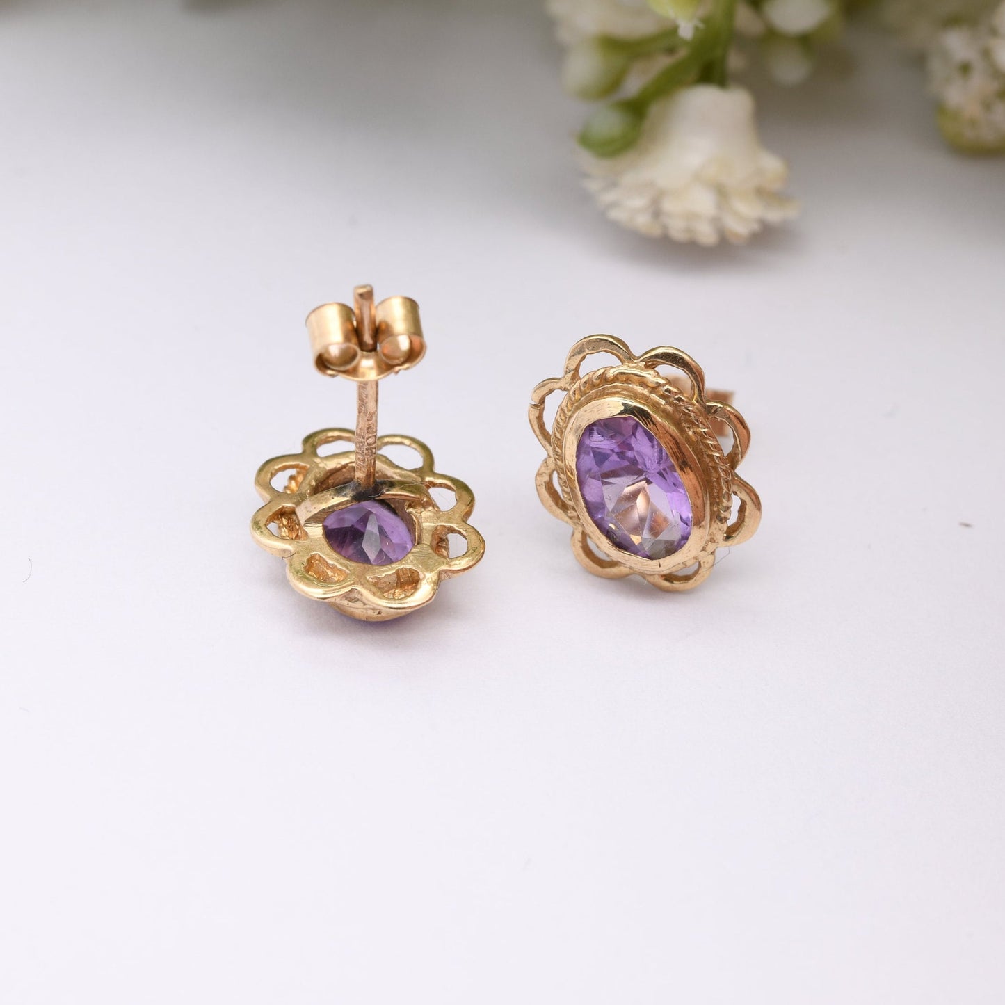 Vintage 9ct Gold Amethyst Stud Earrings 1992