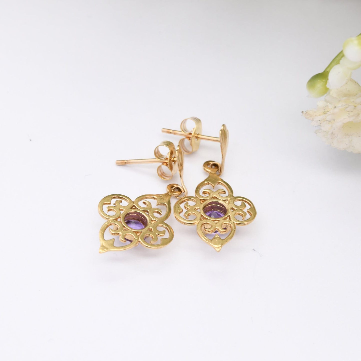 Vintage 9ct Gold Amethyst Drop Earrings with Ornate Openwork Design