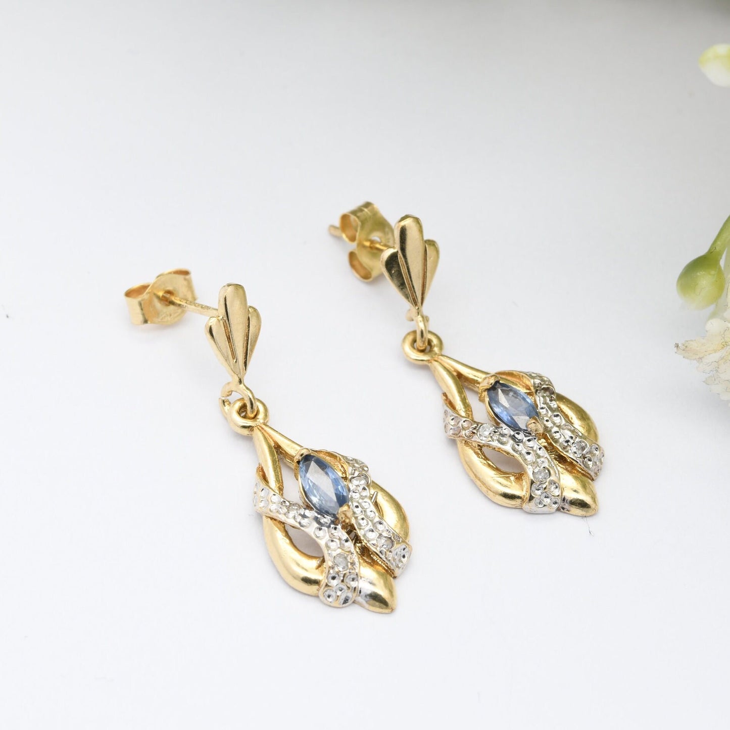 Vintage 9ct Gold Sapphire Diamond Drop Earrings 1994