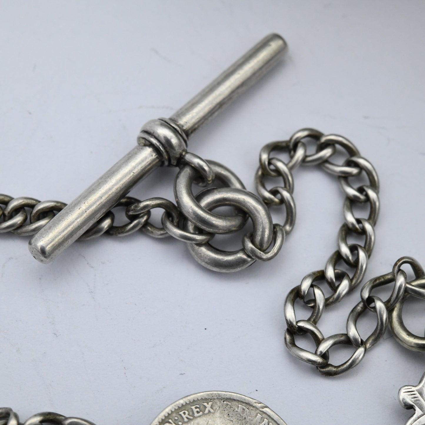 Antique Sterling Silver Albert Chain with Watch Fob Coin T-Bar & Dog Clip 1920s - Shield Fob Gold Plated | Curb Link | Pocket Watch Chain