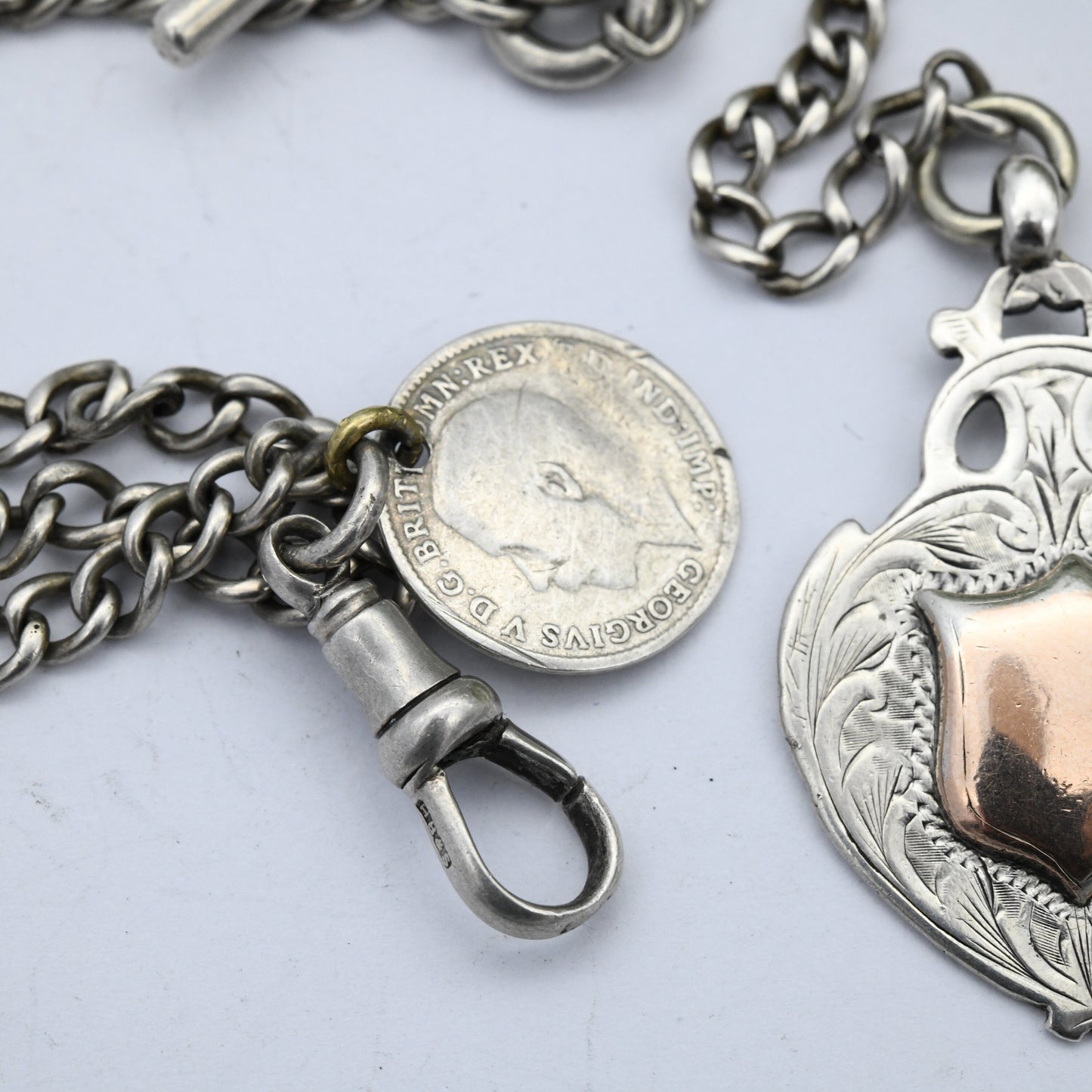 Antique Sterling Silver Albert Chain with Watch Fob Coin T-Bar & Dog Clip 1920s - Shield Fob Gold Plated | Curb Link | Pocket Watch Chain
