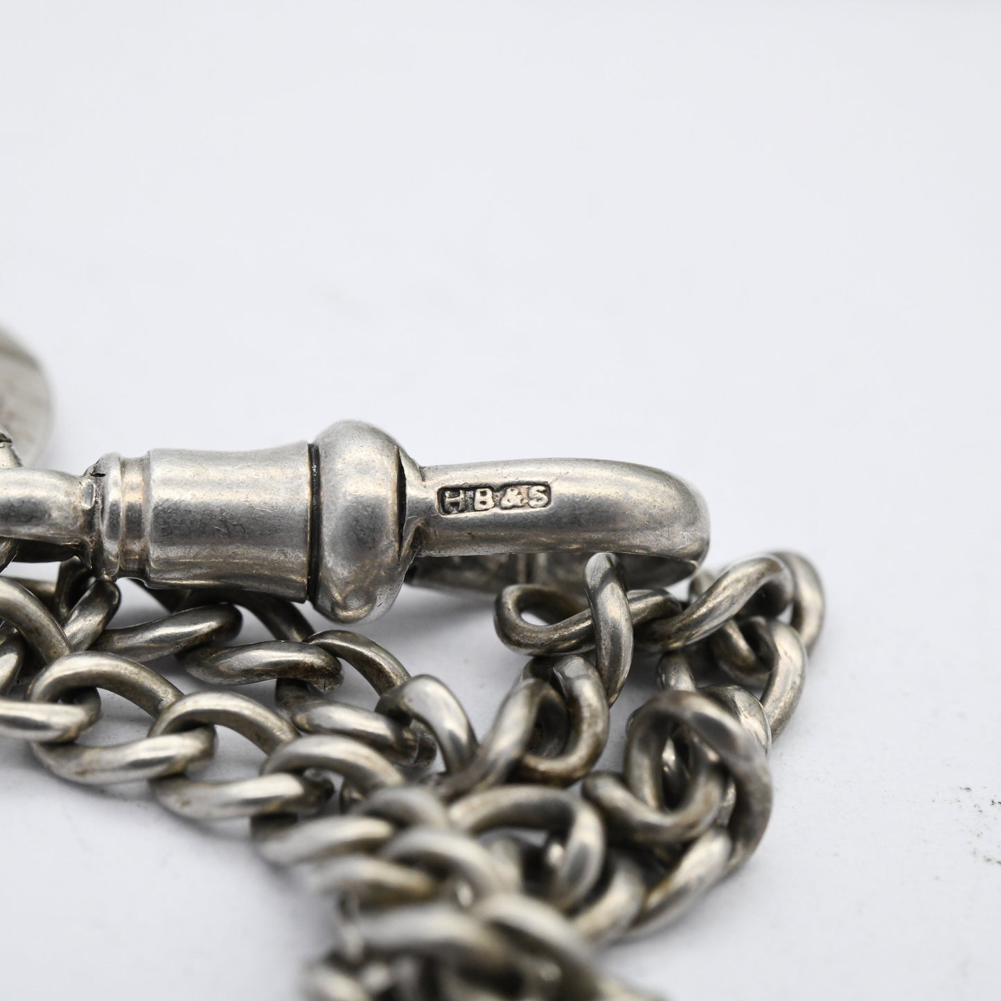 Antique Sterling Silver Albert Chain with Watch Fob Coin T-Bar & Dog Clip 1920s - Shield Fob Gold Plated | Curb Link | Pocket Watch Chain