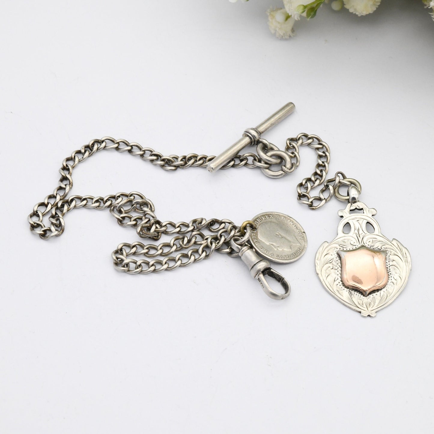 Antique Sterling Silver Albert Chain with Watch Fob Coin T-Bar & Dog Clip 1920s - Shield Fob Gold Plated | Curb Link | Pocket Watch Chain