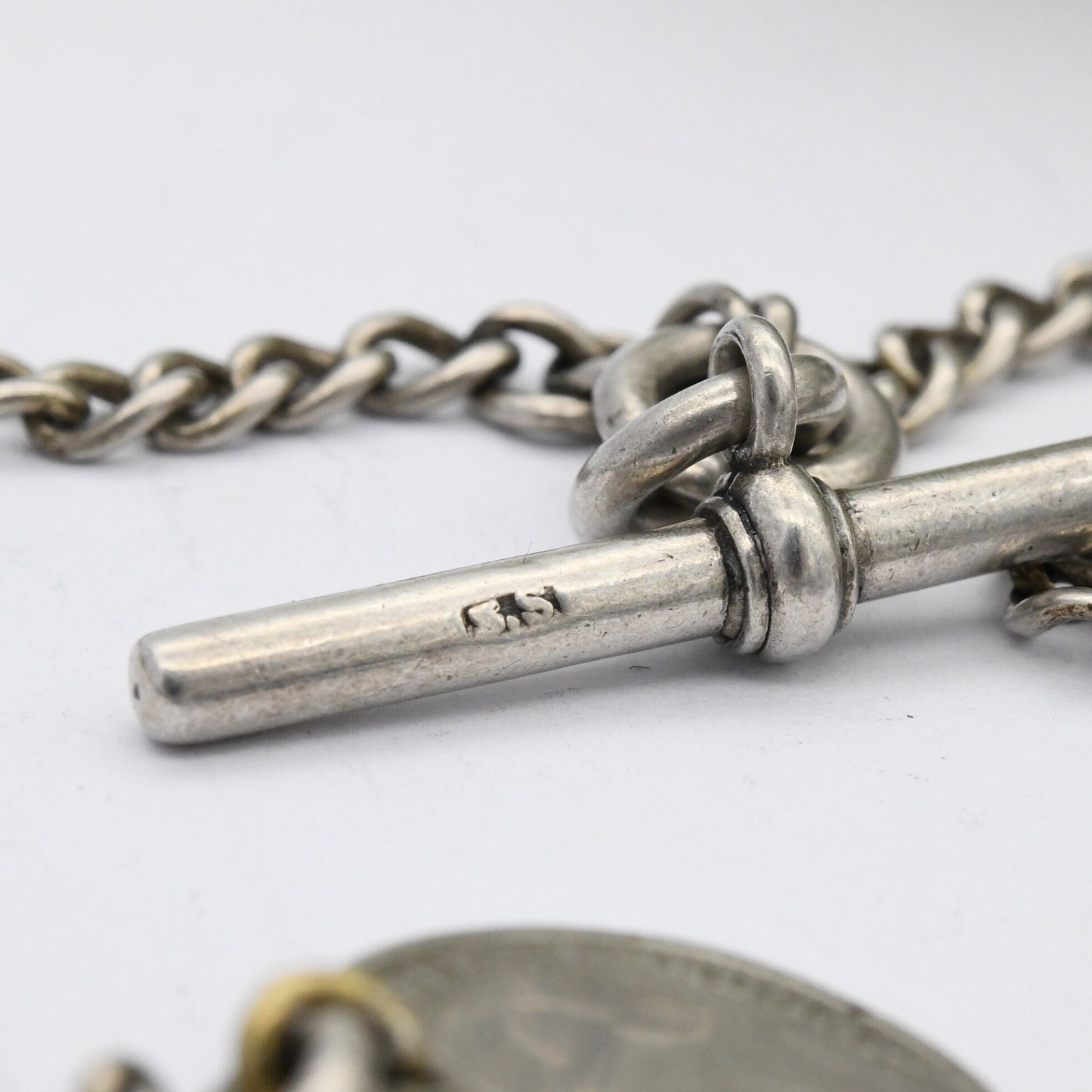 Antique Sterling Silver Albert Chain with Watch Fob Coin T-Bar & Dog Clip 1920s - Shield Fob Gold Plated | Curb Link | Pocket Watch Chain