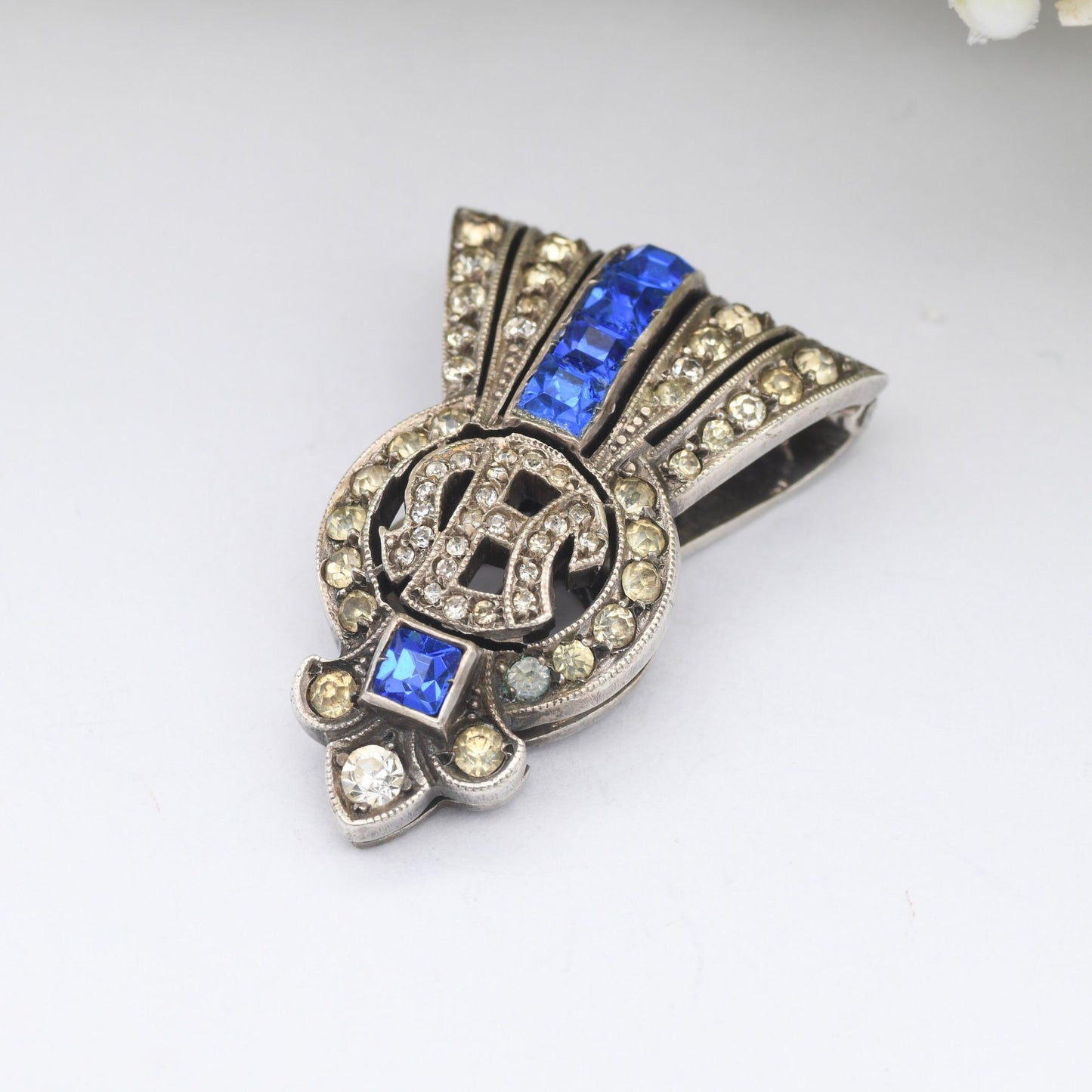 Antique Art Deco Silver Dress Clip with Blue and Clear Paste Diamante - Patent No. 1124748