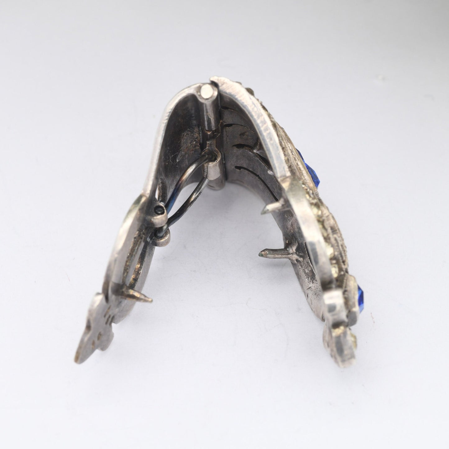 Antique Art Deco Silver Dress Clip with Blue and Clear Paste Diamante - Patent No. 1124748
