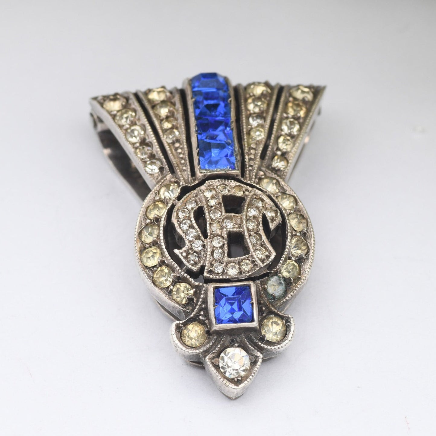 Antique Art Deco Silver Dress Clip with Blue and Clear Paste Diamante - Patent No. 1124748