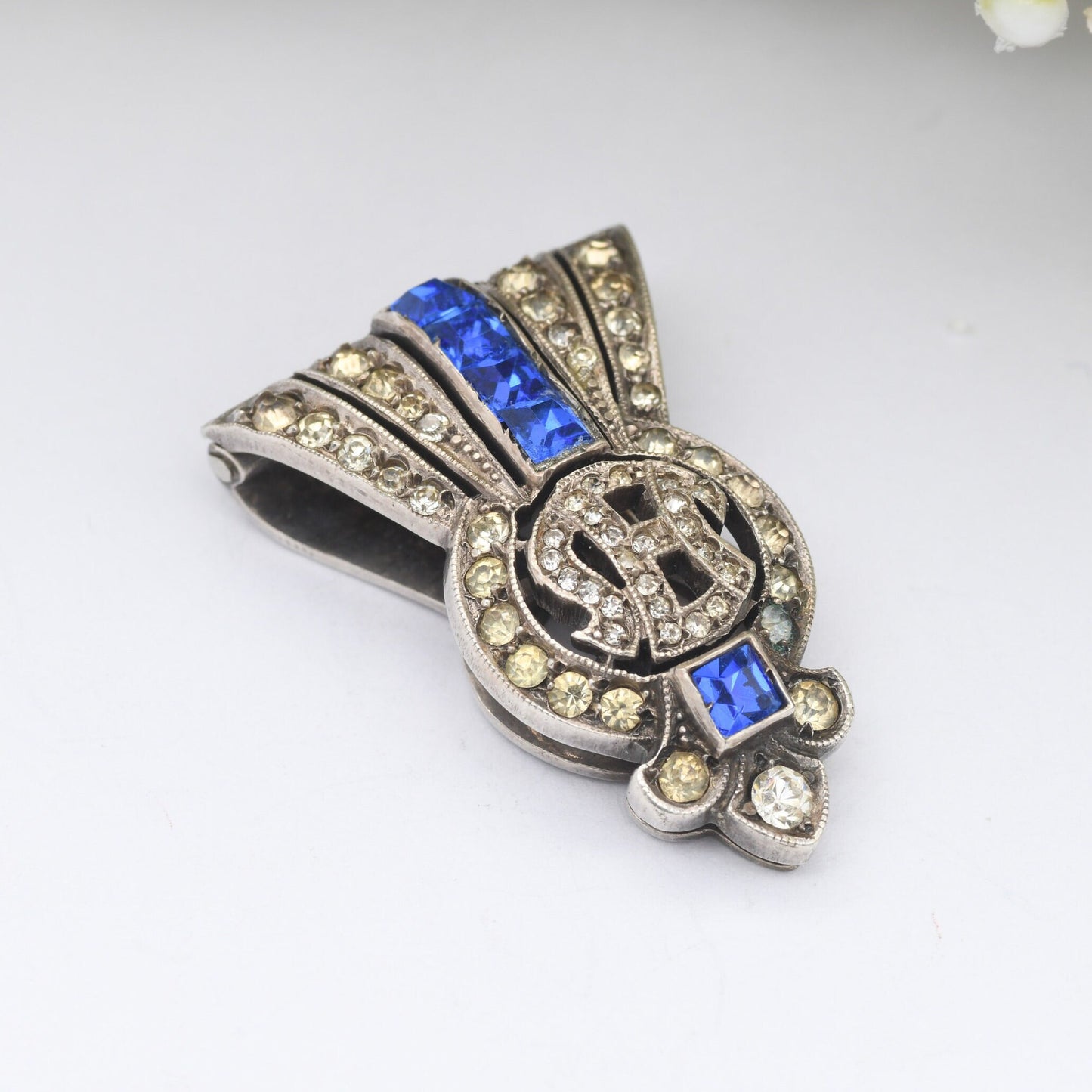 Antique Art Deco Silver Dress Clip with Blue and Clear Paste Diamante - Patent No. 1124748