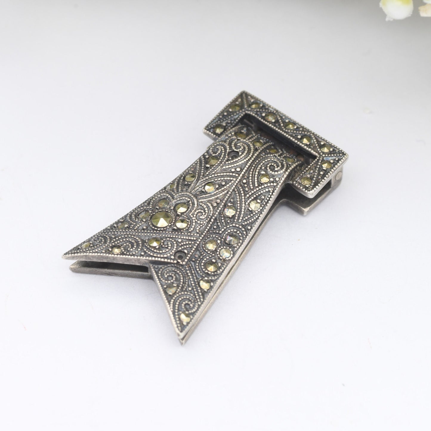 Vintage Art Deco European Silver Marcasite Dress Clip - Sparkly Statement Jewellery | Scarf Shape