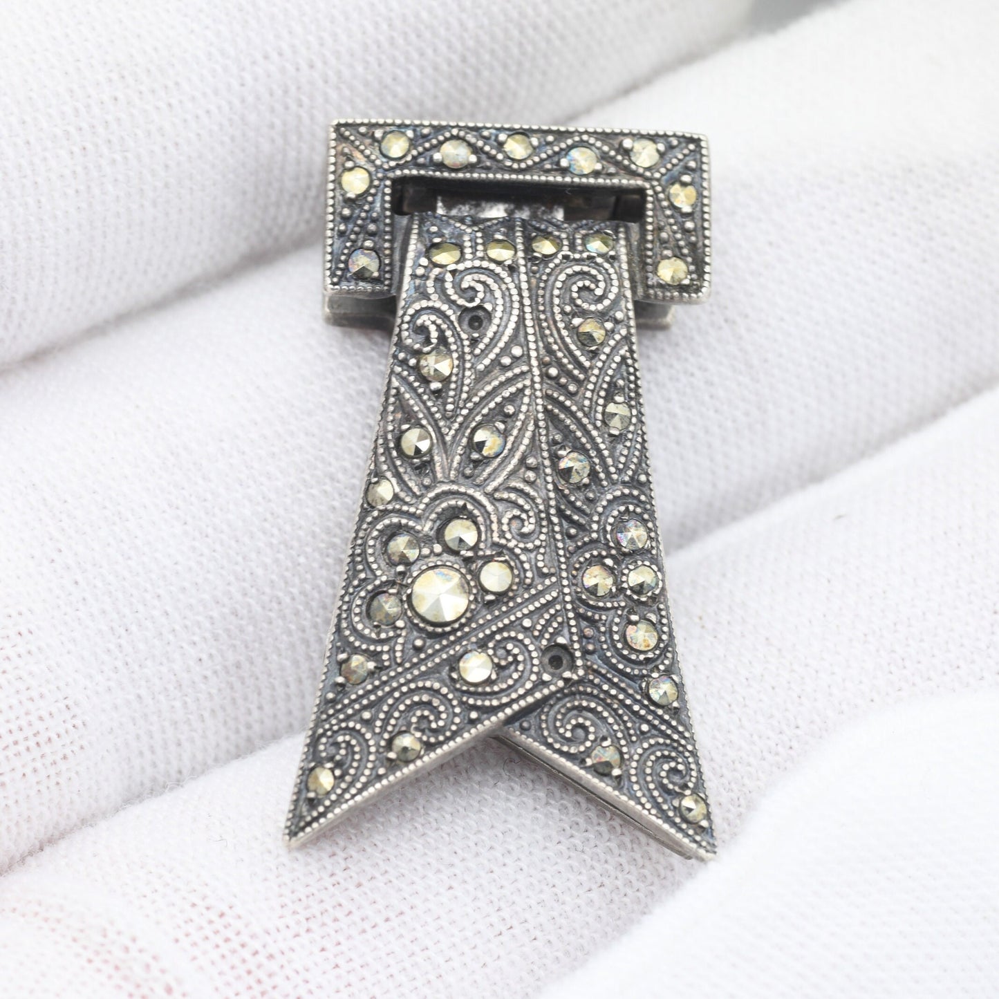 Vintage Art Deco European Silver Marcasite Dress Clip - Sparkly Statement Jewellery | Scarf Shape
