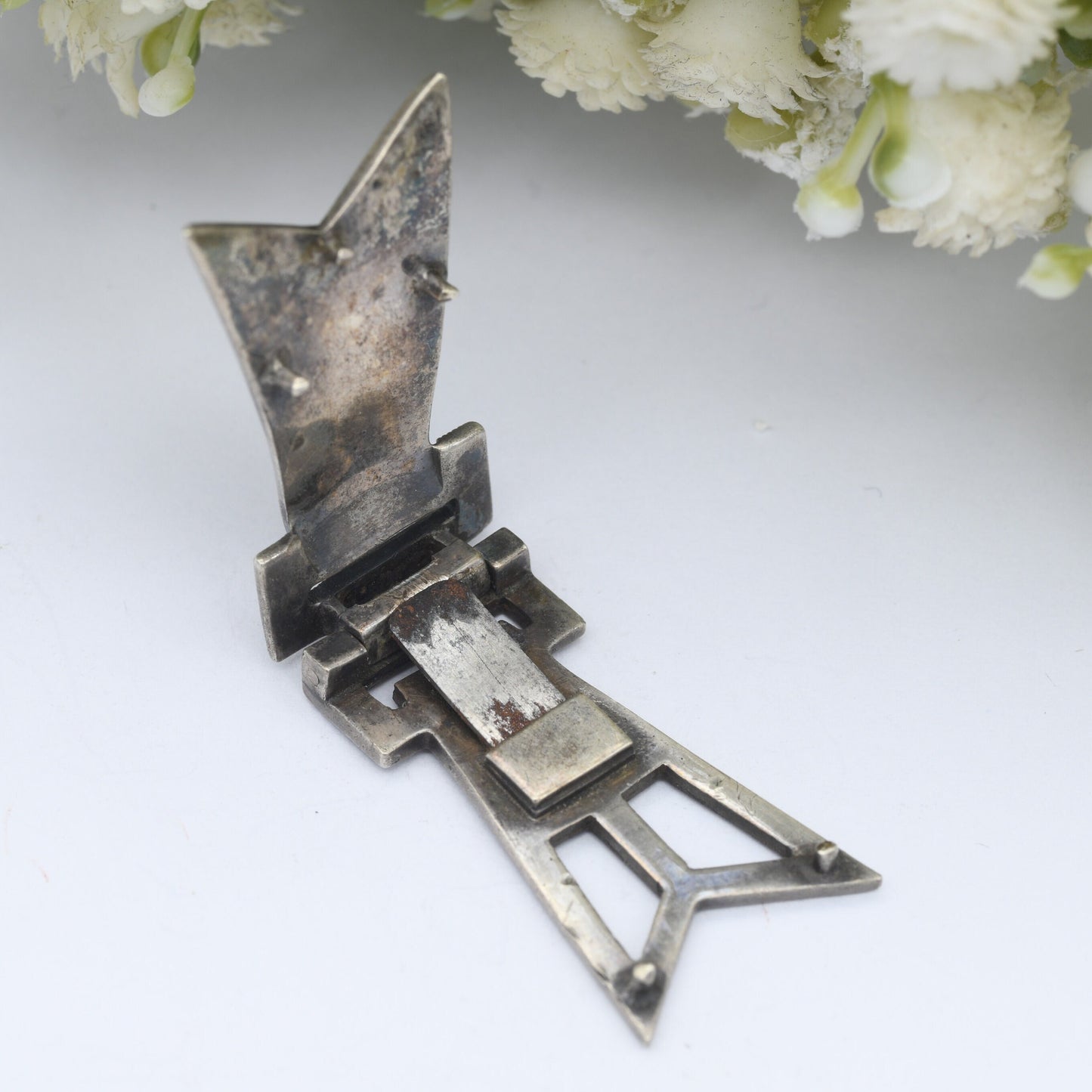 Vintage Art Deco European Silver Marcasite Dress Clip - Sparkly Statement Jewellery | Scarf Shape