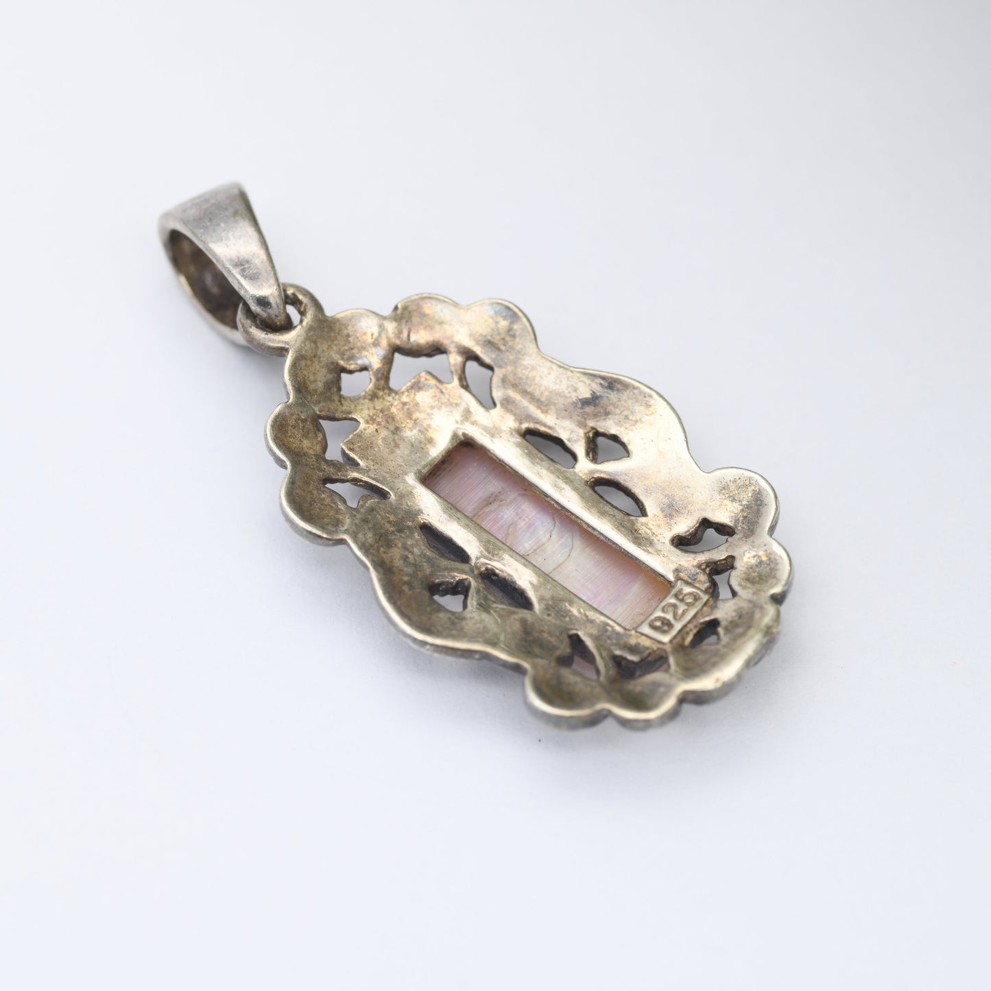 Vintage Sterling Silver Mother of Pearl Marcasite Pendant - Sparkly Jewellery | Gift for Mother