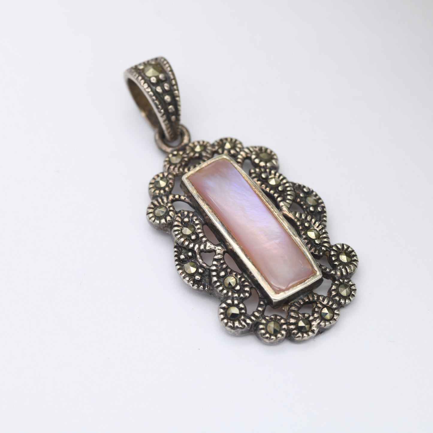Vintage Sterling Silver Mother of Pearl Marcasite Pendant - Sparkly Jewellery | Gift for Mother