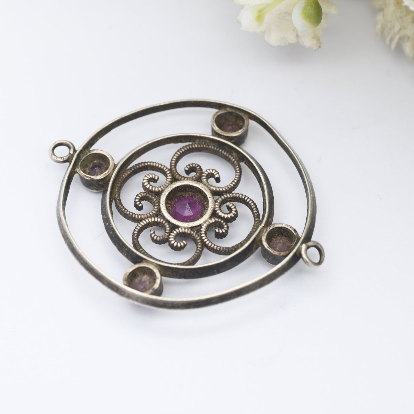 Antique Edwardian Silver Purple Paste Pendant with Two-Sided Bale Loops - Silver Lavalier