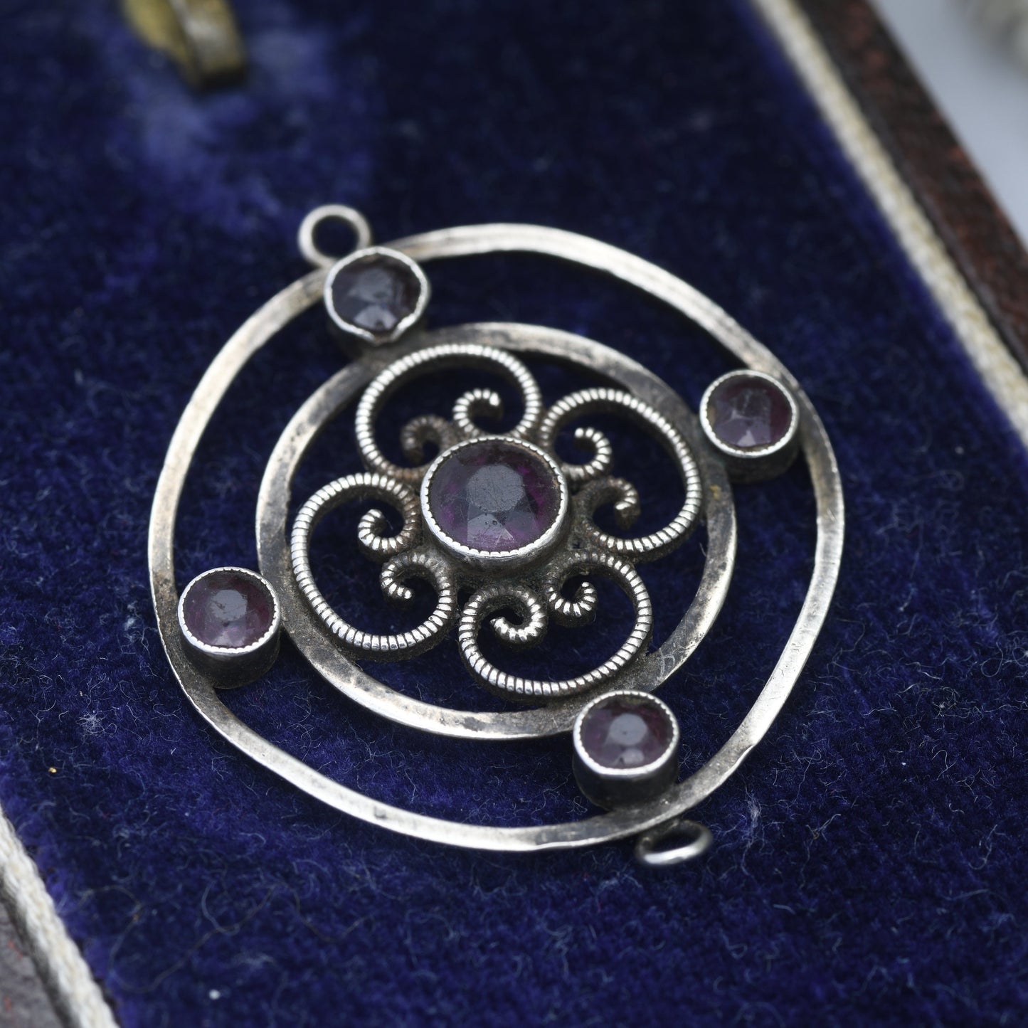Antique Edwardian Silver Purple Paste Pendant with Two-Sided Bale Loops - Silver Lavalier