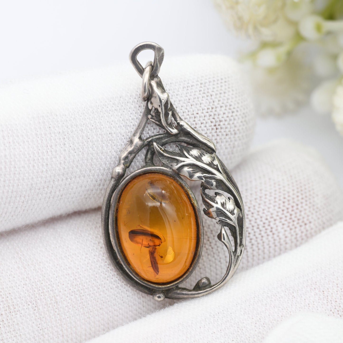 Vintage Amber Sterling Silver Pendant - Baltic Amber Pendant | Unusual Openwork Shape | Art Nouveau Style Naturalistic