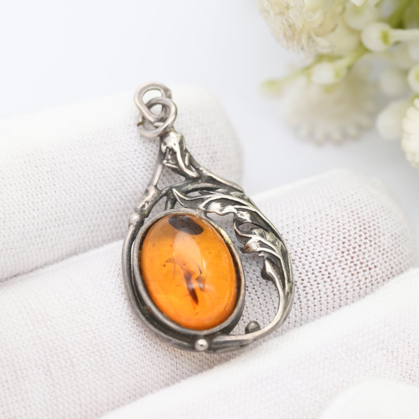 Vintage Amber Sterling Silver Pendant - Baltic Amber Pendant | Unusual Openwork Shape | Art Nouveau Style Naturalistic